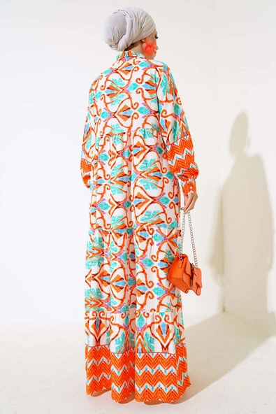 Boy Düğmeli Viskon Elbise Oranj Yeşil - Resim 3