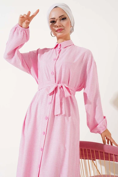 İp Bağcıklı Önden Düğmeli Uzun Tunik Fusya - Resim 2