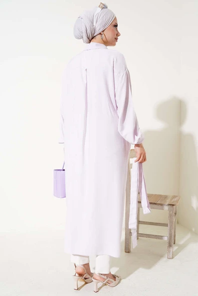 İp Bağcıklı Önden Düğmeli Uzun Tunik Lila - Resim 3