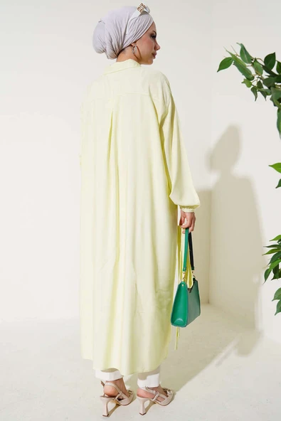 İp Bağcıklı Önden Düğmeli Uzun Tunik Lime - Resim 3