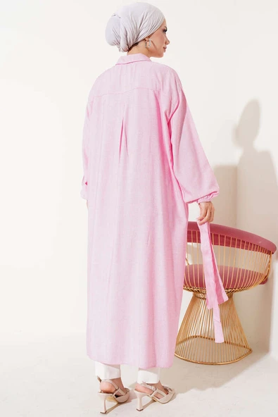 İp Bağcıklı Önden Düğmeli Uzun Tunik Fusya - Resim 4