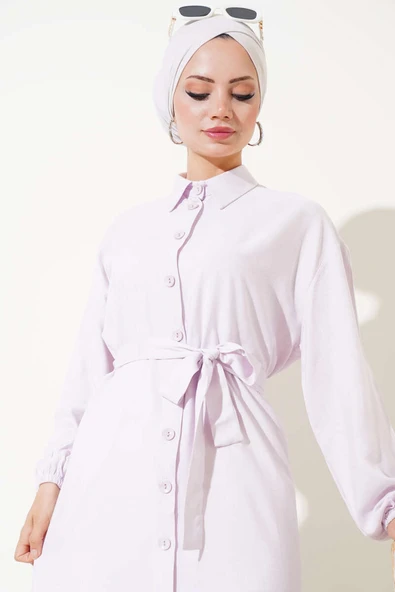 İp Bağcıklı Önden Düğmeli Uzun Tunik Lila - Resim 2