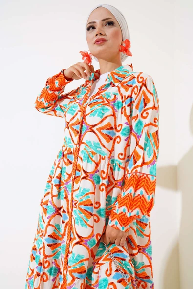 Boy Düğmeli Viskon Elbise Oranj Yeşil - Resim 2