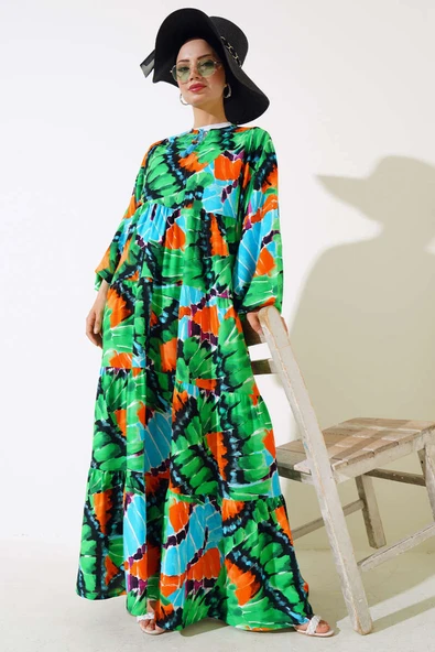 Yaka İpli Yarasa Kol Elbise Yeşil ürün görseli 1