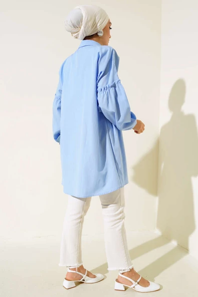 Pileli Çiçek Nakışlı Gömlek Buz Mavisi - Resim 3