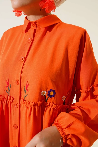 Pileli Çiçek Nakışlı Gömlek Oranj - Resim 4