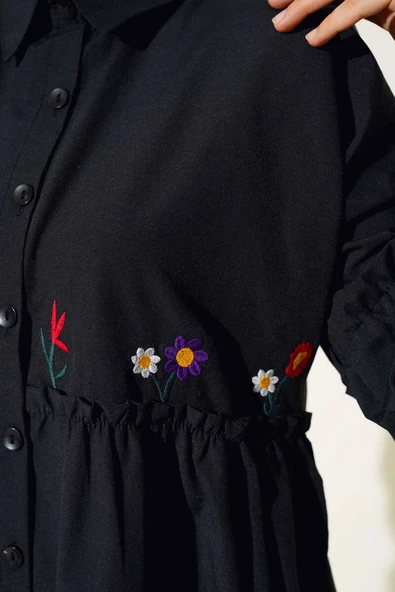 Pileli Çiçek Nakışlı Gömlek Siyah - Resim 4