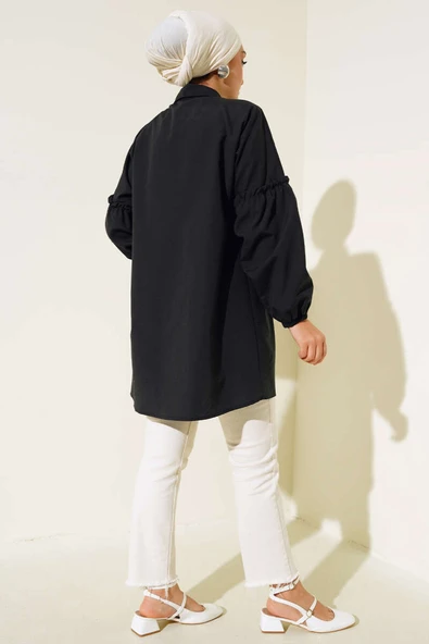 Pileli Çiçek Nakışlı Gömlek Siyah - Resim 3