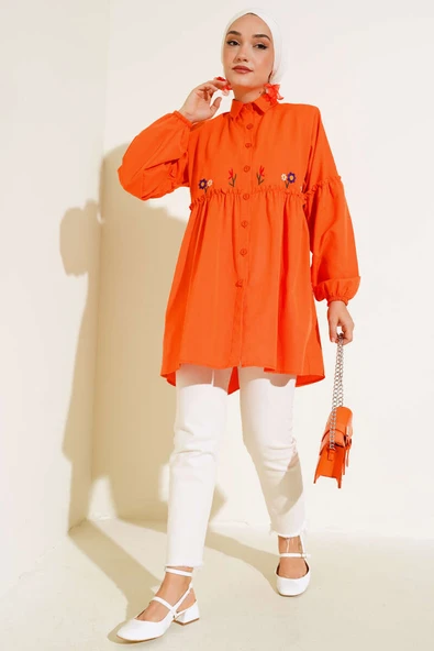 Pileli Çiçek Nakışlı Gömlek Oranj - Resim 2