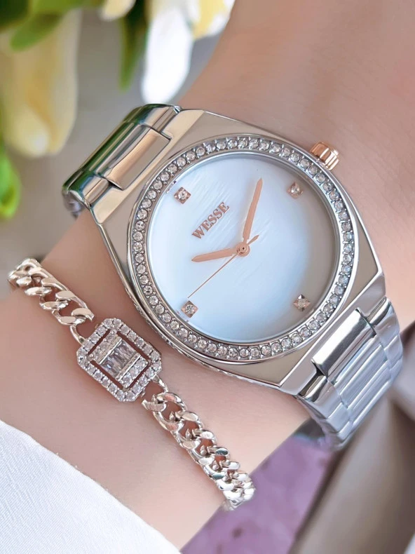 Wesse Elite Çelik Kordon Kararmaz Renk Atmaz Bayan Kol Saati 30Mt Suya Dayanıklı+Bileklik BWL112001 ürün görseli