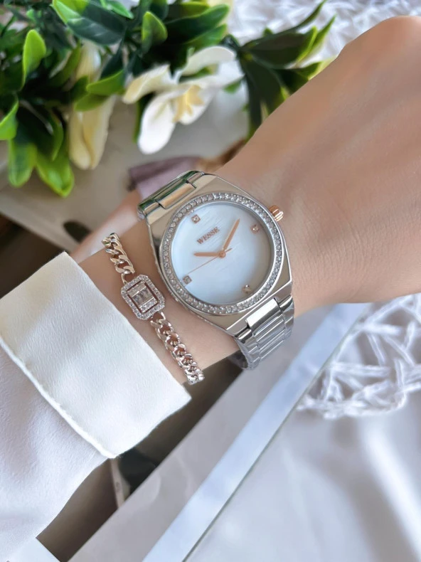 Wesse Elite Çelik Kordon Kararmaz Renk Atmaz Bayan Kol Saati 30Mt Suya Dayanıklı+Bileklik BWL112001 - Resim 2