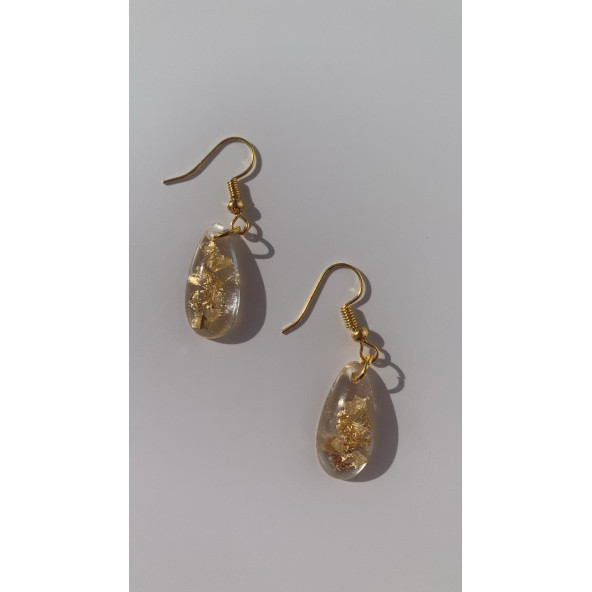 Şeffaf Renk Gold Varak Süslemeli Parlak Gold Aksesuarlı Damla Şekil Sallantılı Epoksi Küpe Hediyelik - Resim 3