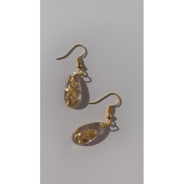 Şeffaf Renk Gold Varak Süslemeli Parlak Gold Aksesuarlı Damla Şekil Sallantılı Epoksi Küpe Hediyelik - Resim 5