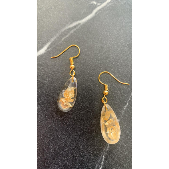 Şeffaf Renk Gold Varak Süslemeli Parlak Gold Aksesuarlı Damla Şekil Sallantılı Epoksi Küpe Hediyelik - Resim 8