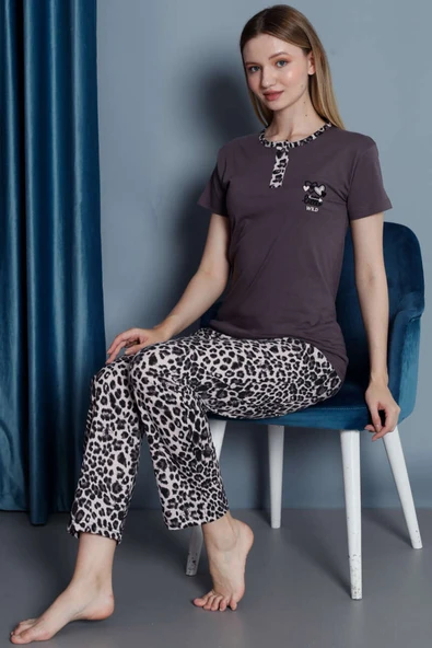 Leopar Desen Kısa Kol Pijama Takımı Burgonya - Resim 2