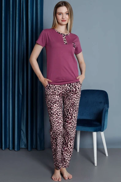 Leopar Desen Kısa Kol Pijama Takımı Menekşe ürün görseli 1