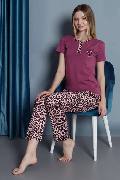 Leopar Desen Kısa Kol Pijama Takımı Menekşe - Resim 2
