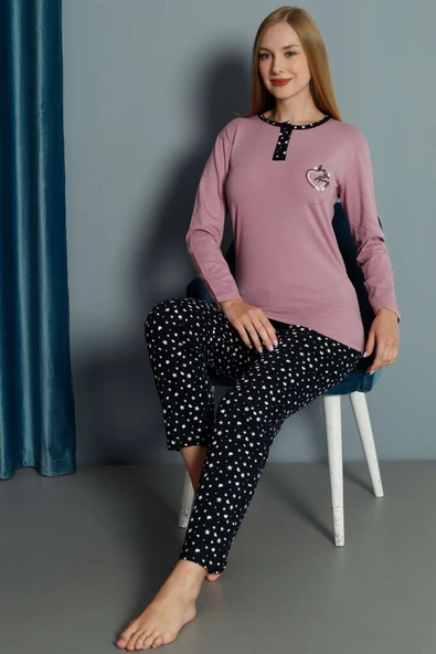 Kalp Nakışlı Pijama Takımı Leylak ürün görseli