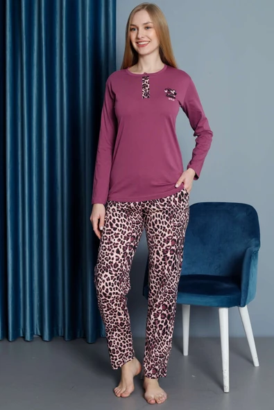 Leopar Desen Uzun Kol Pijama Takım Magenta - Resim 2