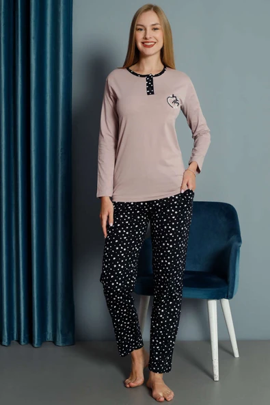 Kalp Nakışlı Pijama Takımı Pudra ürün görseli