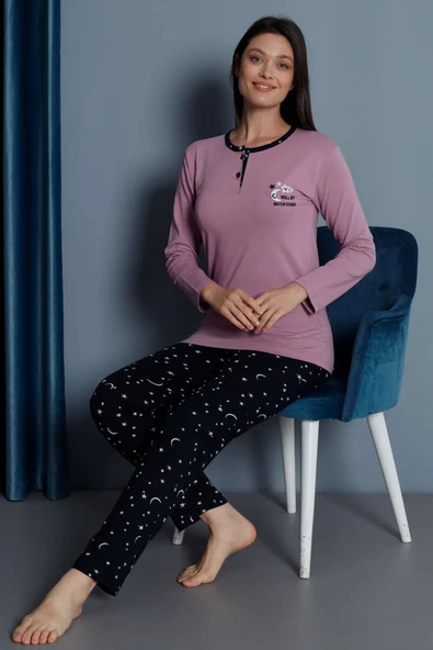 Yıldız Nakışlı Uzun Kol Pijama Takımı Menekşe ürün görseli