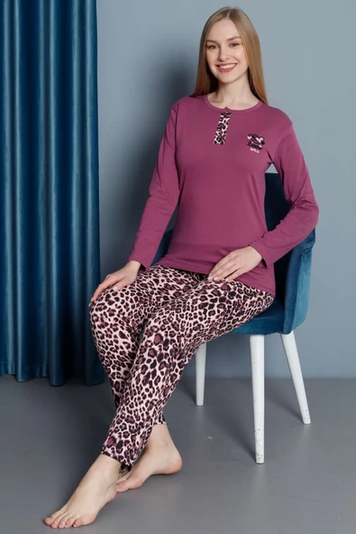Leopar Desen Uzun Kol Pijama Takım Magenta