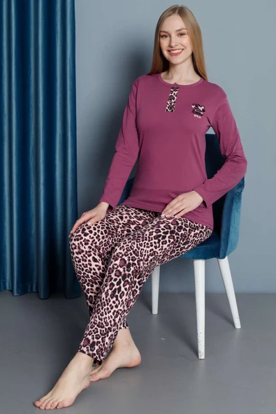 Leopar Desen Uzun Kol Pijama Takım Magenta ürün görseli 1