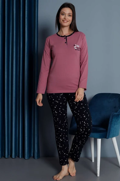 Yıldız Nakışlı Uzun Kol Pijama Takımı Gül Kurusu - Resim 2