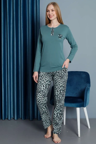 Leopar Desen Uzun Kol Pijama Takım Çağla Yeşili - Resim 2