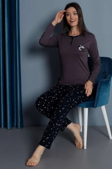 Yıldız Nakışlı Uzun Kol Pijama Takımı Mürdüm