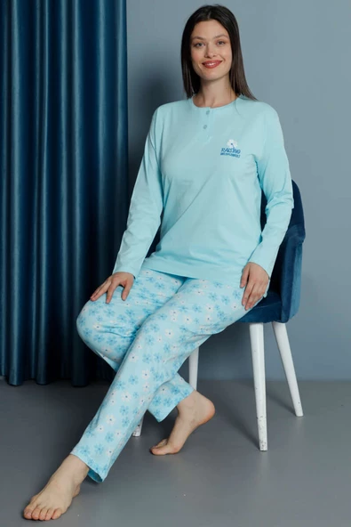 Papatya Desenli Uzun Kol Pijama Takımı Mint