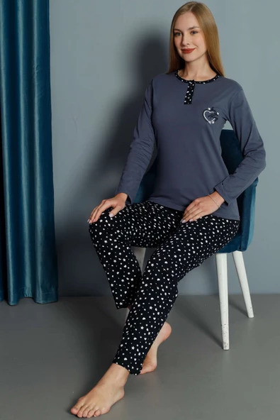 Kalp Nakışlı Pijama Takımı Füme