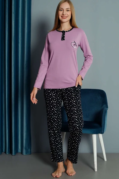 Kalp Nakışlı Pijama Takımı Lila ürün görseli
