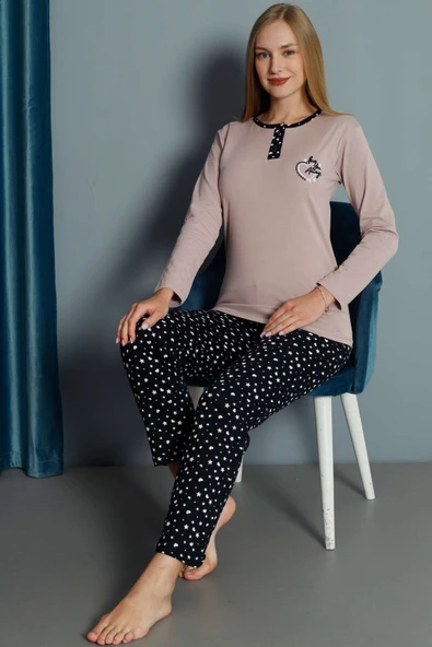 Kalp Nakışlı Pijama Takımı Pudra - Resim 2