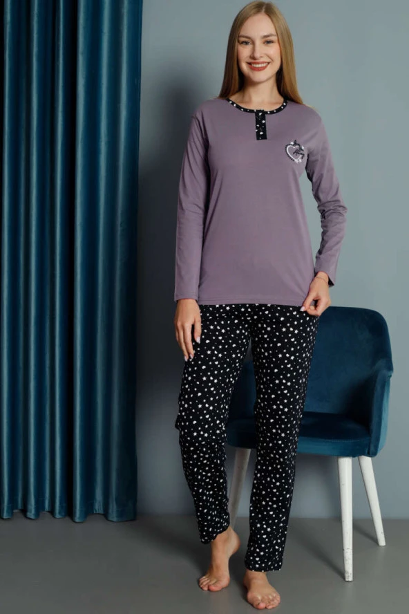 Kalp Nakışlı Pijama Takımı Mürdüm