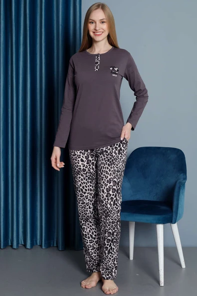Leopar Desen Uzun Kol Pijama Takım Füme