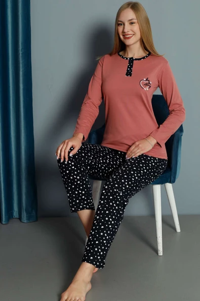 Kalp Nakışlı Pijama Takımı Gül Kurusu
