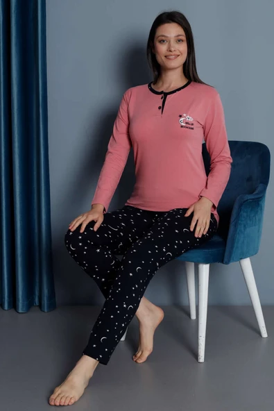 Yıldız Nakışlı Uzun Kol Pijama Takımı Nar Çiçeği