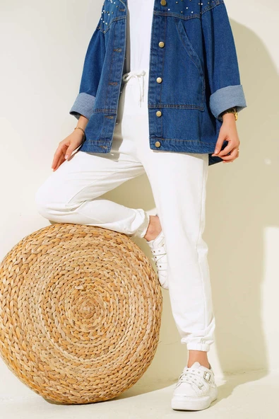 Bel Ve Bilek Lastikli Jogger Pantolon Ekru ürün görseli 1