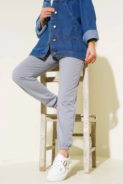 Bel Ve Bilek Lastikli Jogger Pantolon Kayrak Grisi