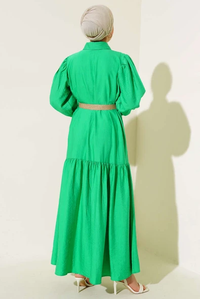 Hasır Kemerli Yarım Düğmeli Elbise Benetton - Resim 3