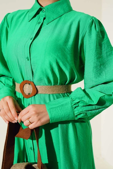 Hasır Kemerli Yarım Düğmeli Elbise Benetton - Resim 4