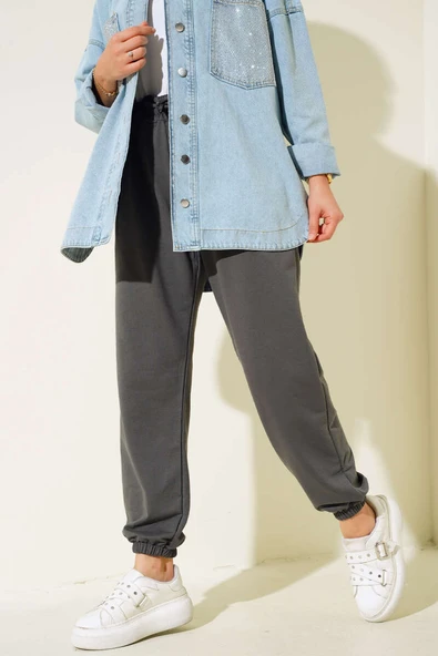 Bel Ve Bilek Lastikli Jogger Pantolon Füme ürün görseli 1