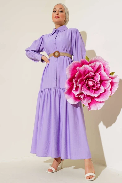 Hasır Kemerli Yarım Düğmeli Elbise Lila ürün görseli 1