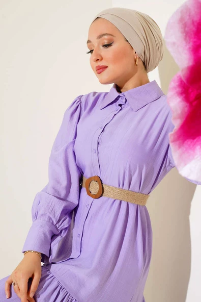Hasır Kemerli Yarım Düğmeli Elbise Lila - Resim 2