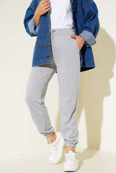 Bel Ve Bilek Lastikli Jogger Pantolon Gri