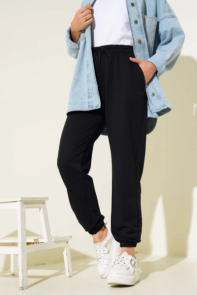 Bel Ve Bilek Lastikli Jogger Pantolon Siyah - Resim 2