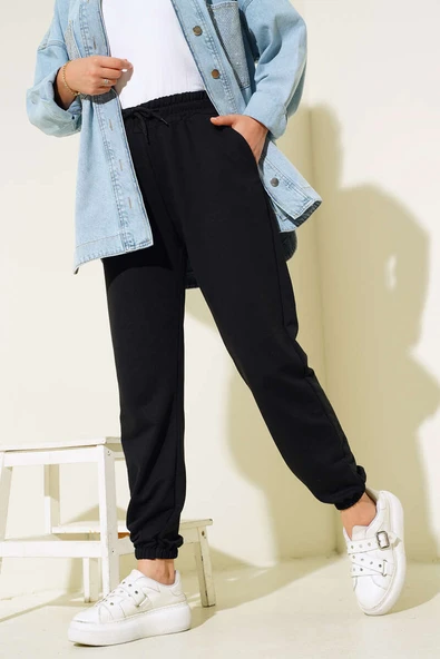 Bel Ve Bilek Lastikli Jogger Pantolon Siyah