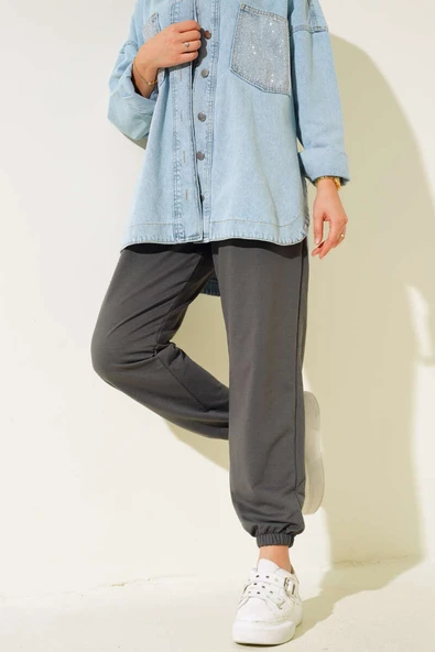 Bel Ve Bilek Lastikli Jogger Pantolon Füme - Resim 2