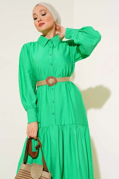 Hasır Kemerli Yarım Düğmeli Elbise Benetton - Resim 2